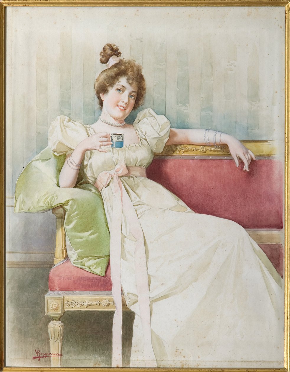 Dame på sofaen (akvarel på papir) af Vittorio Reggianini