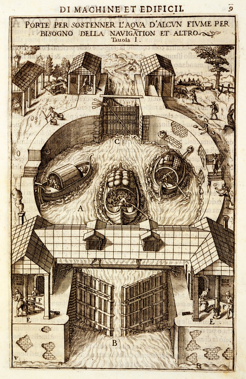 Hydraulisk maskine til en kanal eller flodsluse, 1607 af Vittorio Zonca