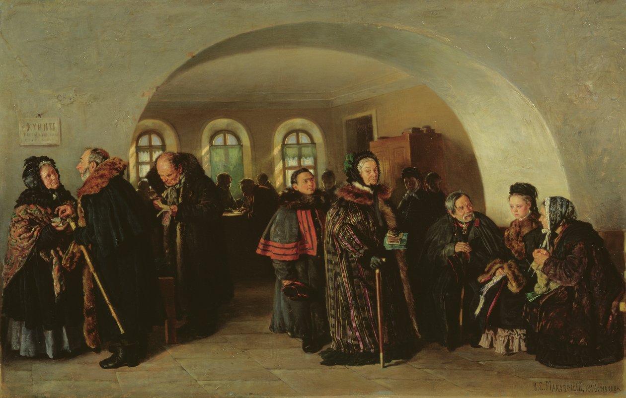 Skatkammeret ved Pensionsdagen 1876 af Vladimir Egorovic Makovsky