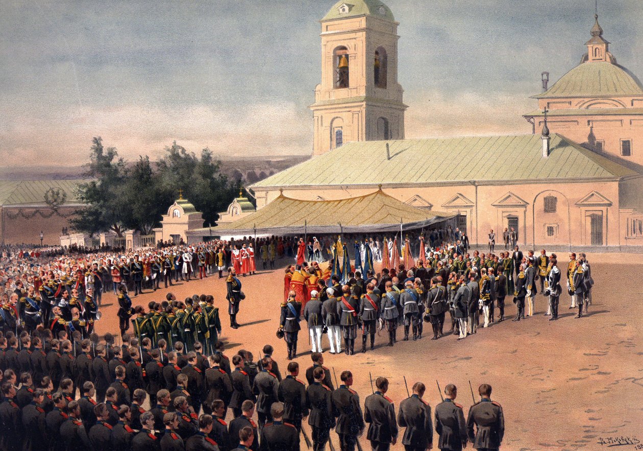 Album med kroningen af ​​zar Alexander III af Rusland (1845-1894) og kejserinde Maria Feodorovna (Dagmar af Danmark) (1847-1928) - Indvielsen af ​​flagene fra Preobrazhensky (Preobrazhensky-regimentet) og Semenovsky-regimenterne (semenregimentet) af Vladimir Egorovic Makovsky