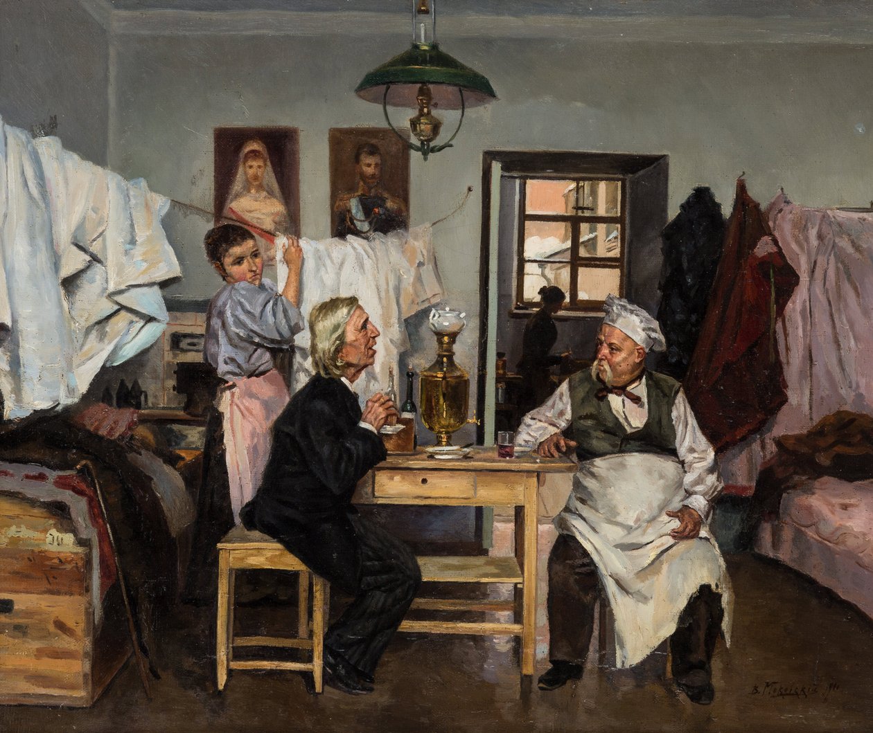 På samovaren af Makovsky, Vladimir Yegorovich (1846-1920). Olie på lærred af Vladimir Egorovic Makovsky