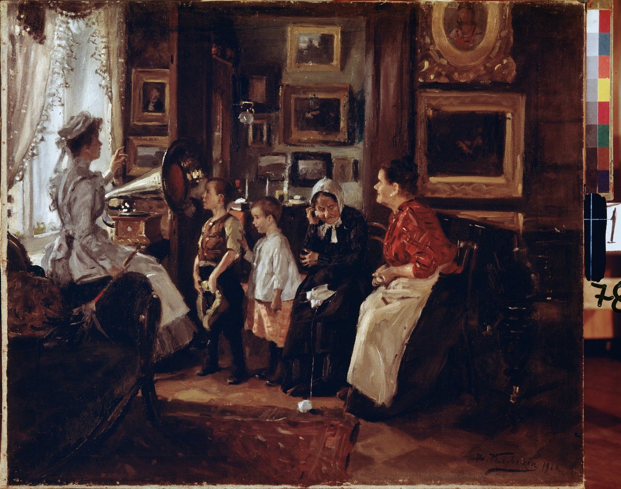 Au grammofon. (Ved grammofonen). Peinture af Vladimir Yegorovich Makovski (Makovsky, Makovskij) (1846-1920), huile sur toile af Vladimir Egorovic Makovsky