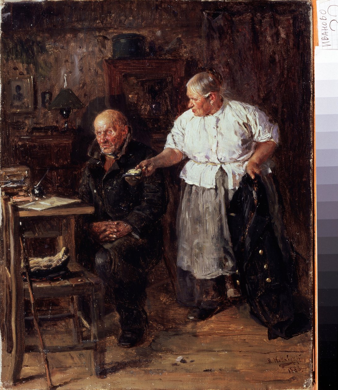 Irettesættelsen (Skælden). Et ældre ægtepar i deres indre, konen bebrejder sin mand og viser ham sin tegnebog. Maleri af Vladimir Yegorovich Makovsky (Makovsky, Makovskij) (1846-1920), olie på lærred af Vladimir Egorovic Makovsky