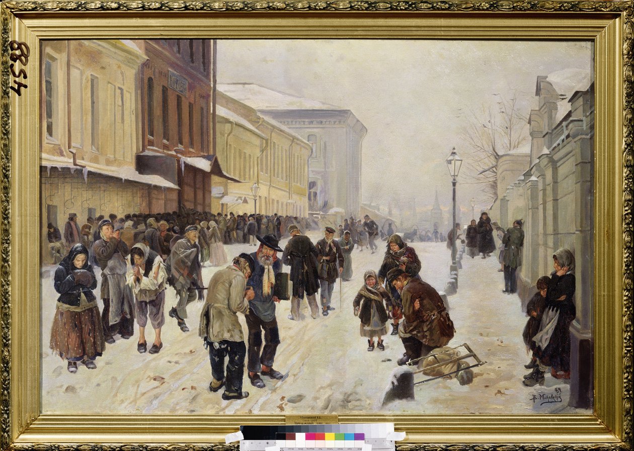 Natteasylet (Dosshouse). Gadebillede, en flok trængende, hjemløse mennesker er samlet foran receptionsbygningen, der lider af kulde og fattigdom. Maleri af Vladimir Yegorovich Makovsky (Makovsky, Makovskij) (1846-1920), olie på lærred af Vladimir Egorovic Makovsky