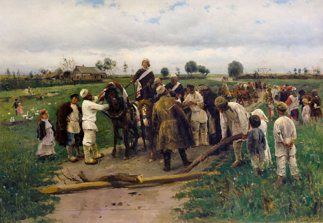 Betaling af løsesum for bruden. Maleri af Vladimir Makovsky - Betale en løsesum for bruden - Vladimir Yegorovich Makovsky (1846-1920). olie på lærred af Vladimir Egorovic Makovsky