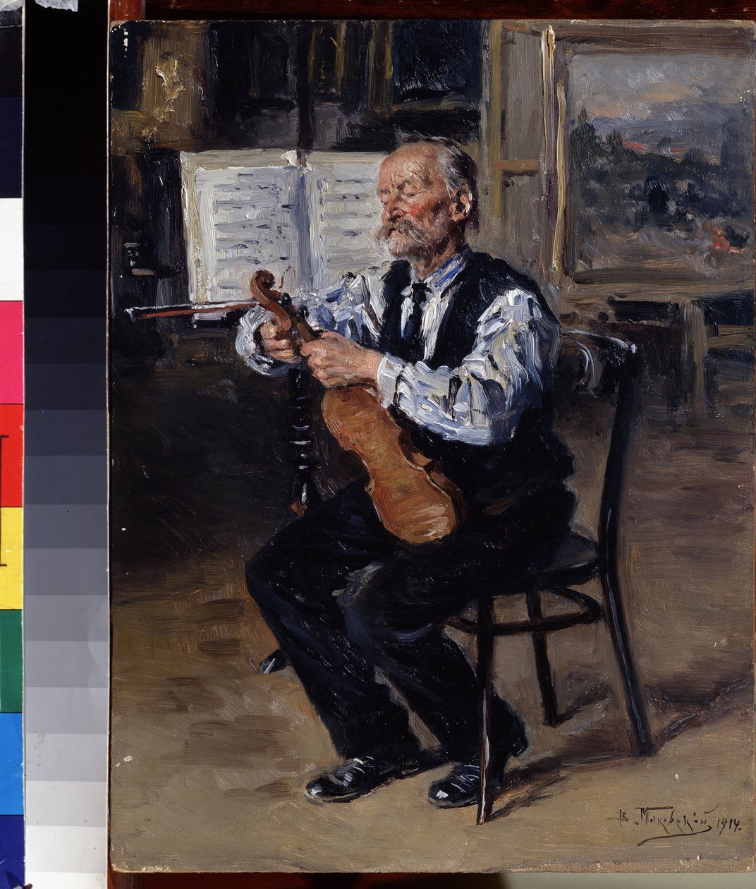 Luthier (Luthier). Håndværkeren stemmer en violin. Maleri af Vladimir Yegorovich Makovsky (Makovsky, Makovskij) (1846-1920), olie på lærred af Vladimir Egorovic Makovsky