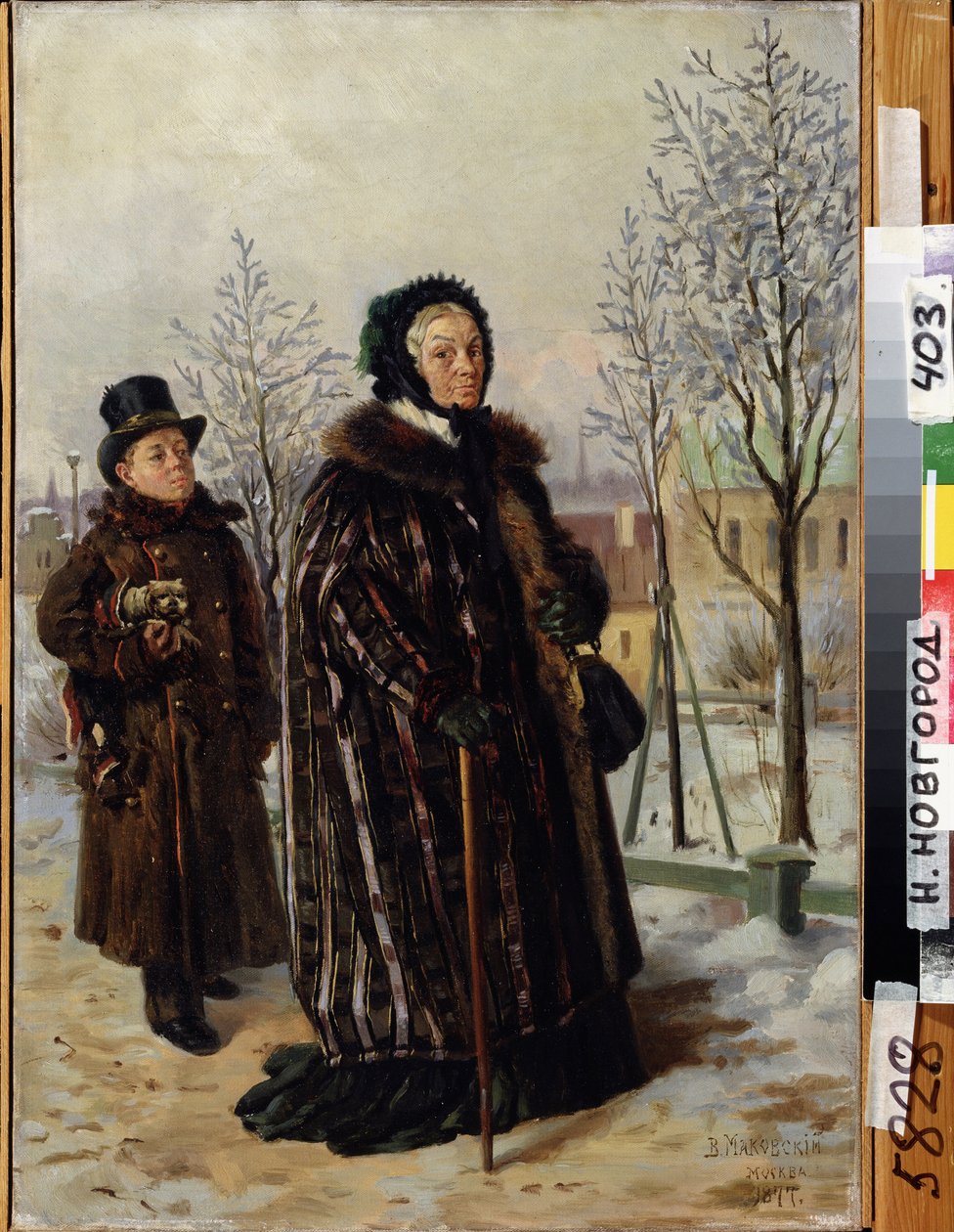 Gang af en gammel dame. (En gammel dame gåtur). Når hun går på stien til en snedækket park, bliver hun fulgt af en ung mand, der bærer sin lille hund. Maleri af Vladimir Yegorovich Makovsky (Makovsky, Makovskij) (1846-1920), olie på lærred af Vladimir Egorovic Makovsky