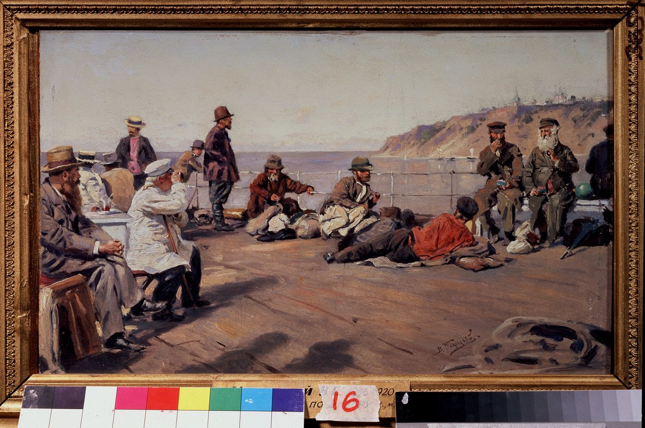 På dækket (On the Deck). Rejsende af alle klasser på en båd, der sejler langs kysten. Maleri af Vladimir Yegorovich Makovsky (Makovsky, Makovskij) (1846-1920), olie på lærred af Vladimir Egorovic Makovsky