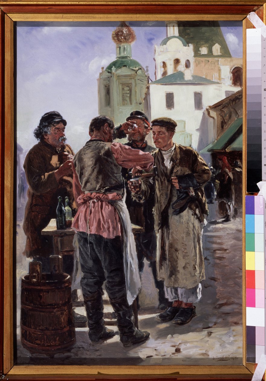 Sælger af Kvass (Kwass) (Kvas sælger). Fermenteret og mousserende drik, let alkoholisk og populær, med tilnavnet brødøl, russisk nationaldrik. Maleri af Vladimir Yegorovich Makovsky (Makovsky, Makovskij) (1846-1920), olie på lærred af Vladimir Egorovic Makovsky