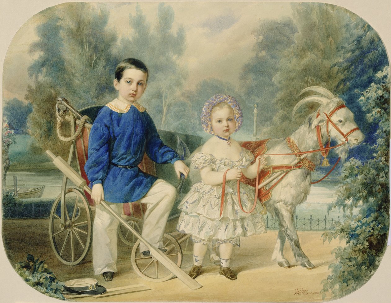 Storhertug Alexander og storhertug Alexey som børn, 1853 (wc på pap) af Vladimir Ivanovich Hau