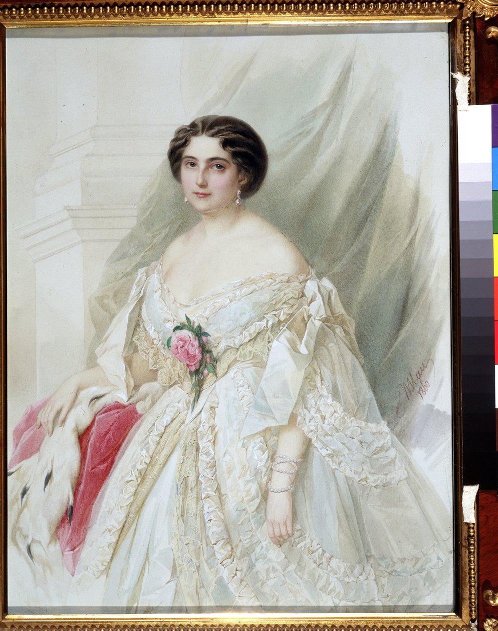 ""Portræt af en dame med en pelskappe"" Hun er klædt i en hvid kjole med bånd, øreringe og armbånd. Akvarel af Vladimir Hau (Gau) (1816-1895) 1860 Privat samling af Vladimir Ivanovich Hau