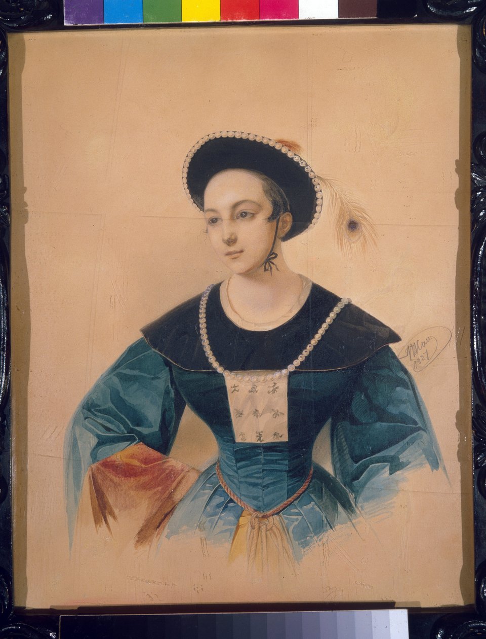 Portræt af sopranen Anna Stepanova (1816-1838) for rollen som Peki i Daniel Aubers bronzehest (1782-1871). (Portræt af operasangeren A. Stepanova som Peki i Bronzehesten af ​​D. Auber). Værk af Vladimir Ivanovich Hau (Gau) (1816-1 af Vladimir Ivanovich Hau