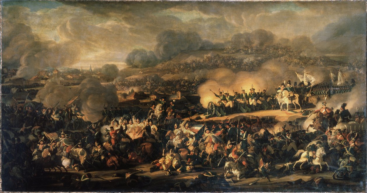 La Bataille des Nations a Leipzig (Tyskland) i oktober 1813. (The Battle of Nations of Leipzig den oktober 1813). Også kaldet slaget ved Leipzig, det var det største nederlag, som Napoleons Grande Armee (1769-1821) led. Maleri af Vladimir I af Vladimir Ivanovich Moshkov