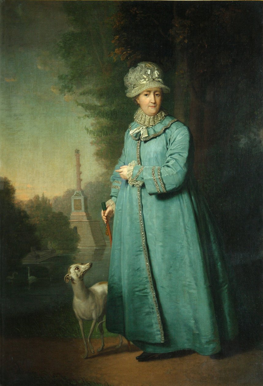 Catherine II slentrer i parken ved Tsarskoye Selo med Chesme-søjlen i baggrunden, 1794 af Vladimir Lukich Borovikovsky