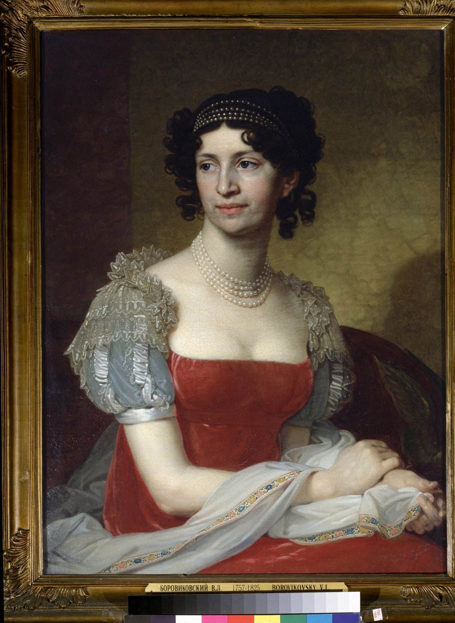 ""Portræt af prinsesse Margarita Dolgorukaya (1785-1814)"" Hun bærer en perlekæde og diadem. Maleri af Vladimir Lukich Borovikovsky (eller Borovikovsky) (1757-1825) 1785 State Tretyakov Gallery, Moskva af Vladimir Lukich Borovikovsky