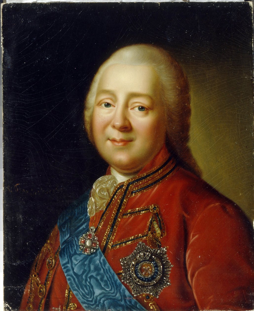 Portræt af general en greve Nikita Ivanovich Panin (1718-1783). (Portræt af generalgreve N. I. Panin). Maleri af Vladimir Lukich Borovikovsky (eller Borovikovski) (1757-1825), olie på pap, slutningen af ​​1700-tallet, russisk kunst. Det Kirgisiske Stats Ku af Vladimir Lukich Borovikovsky