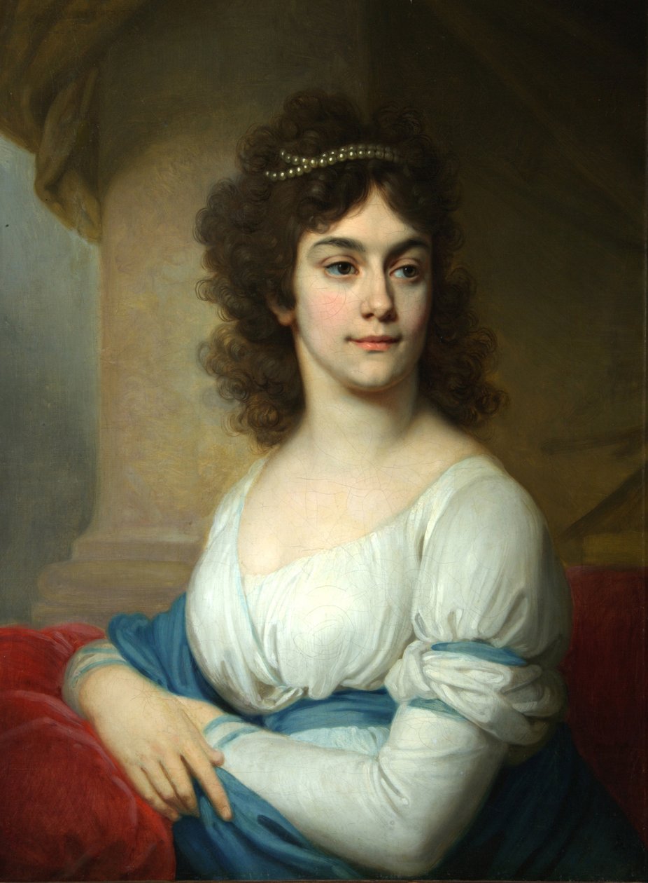 Portræt af en ukendt kvinde i hvid kjole med blåt bånd, slutningen af 1790