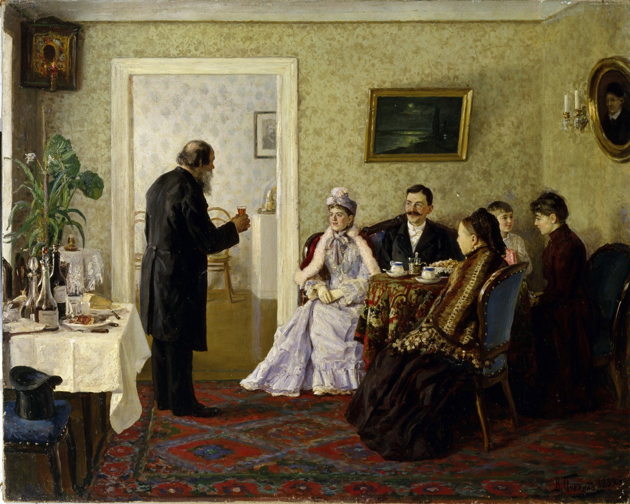 Det nygifte par på besøg hos svigerfar. (Nygifte på besøg hos svigerfar). Maleri af Vladimir Nikolayevich Pchelin (1869-1941), olie på lærred af Vladimir Nikolayevich Pchelin