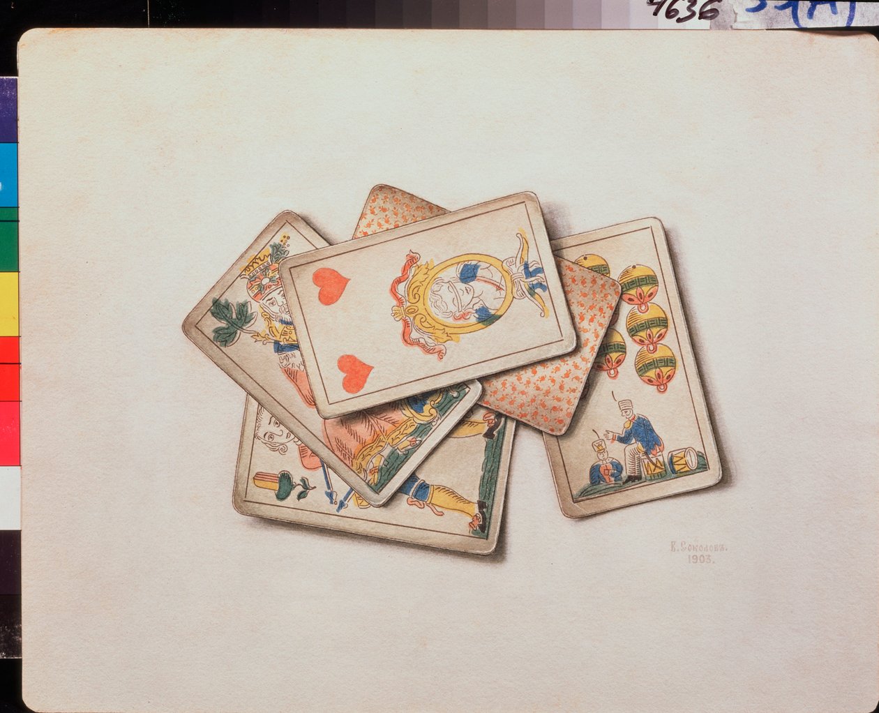 Spillekort, stilleben (Spillekort, stilleben) - Værk af Vladimir Pavlovich Sokolov (1860-1913), akvarel på papir af Vladimir Pavlovich Sokolov
