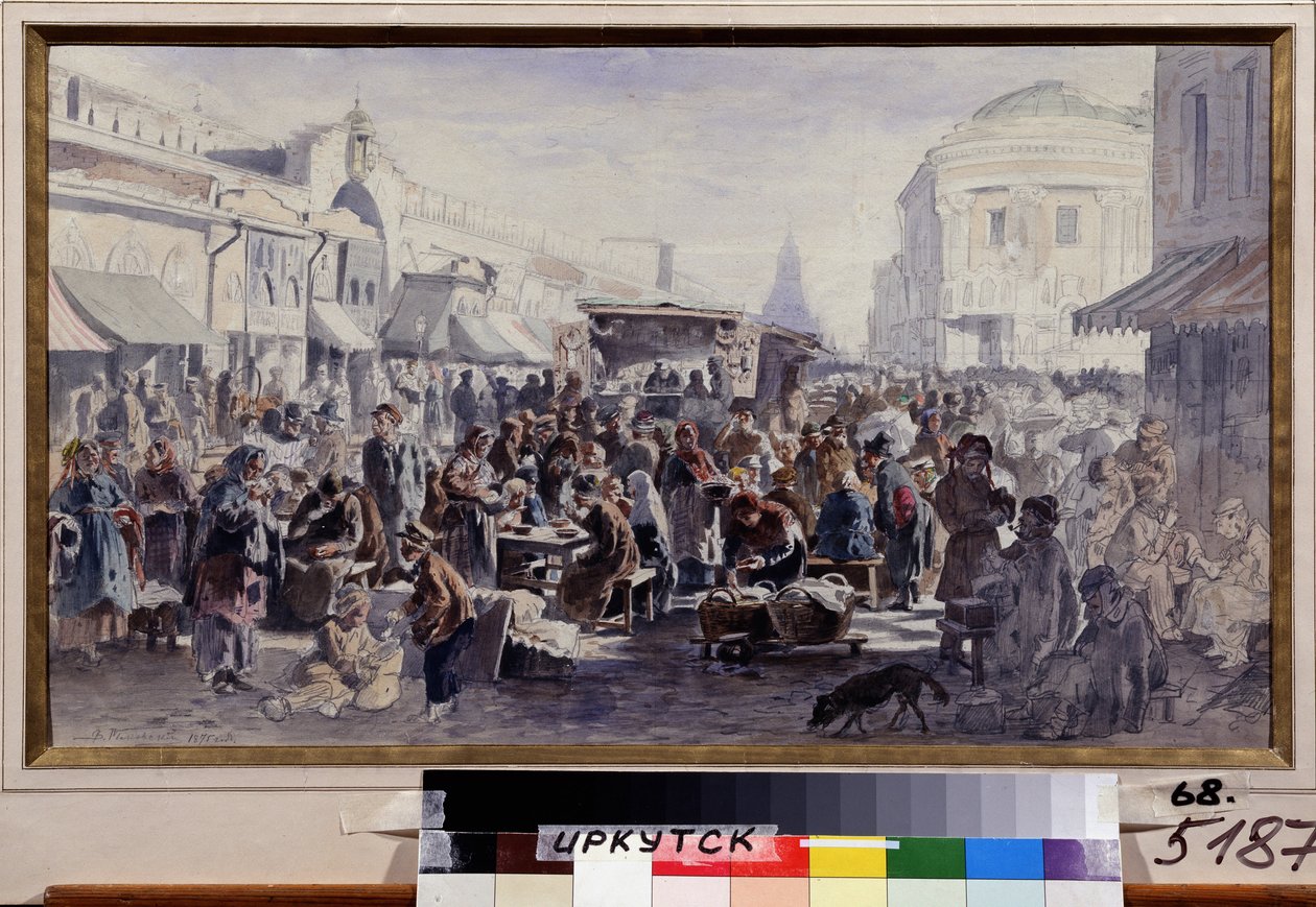 Loppemarkedet i Moskva (Rusland) (The Second Hand Market In Moscow). Gadebillede, med karakterer i plettet og lappet tøj, nogle spiser ved borde foran en barak, andre ser på varerne, der tilbydes, atter andre gemmer sig af Vladimir Yegorovich Makovski