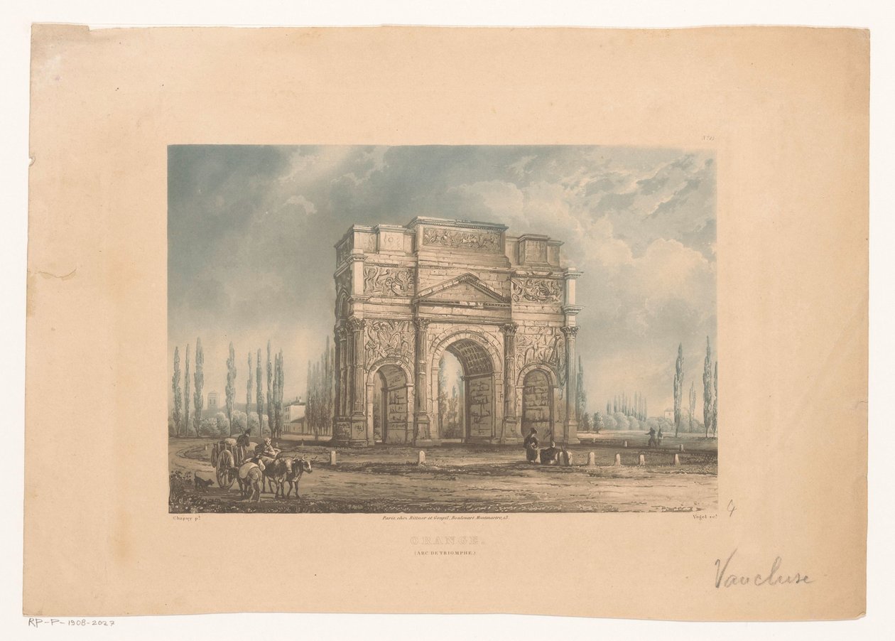 Landskab med Oranges triumfbue med rejsende orange. (Arc de Triomphe) (titel på objekt) af Vogel (prentmaker)