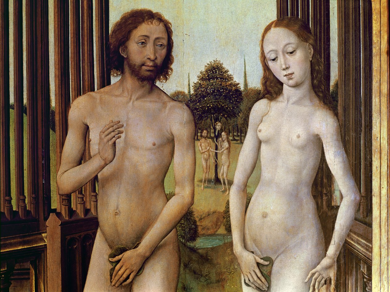 Adam og Eva blev fordrevet fra Edens have efter at være blevet fristet af slangen til at spise æblet, ca. 1460 (detaljer fra 488611) af Vrancke van der Stockt