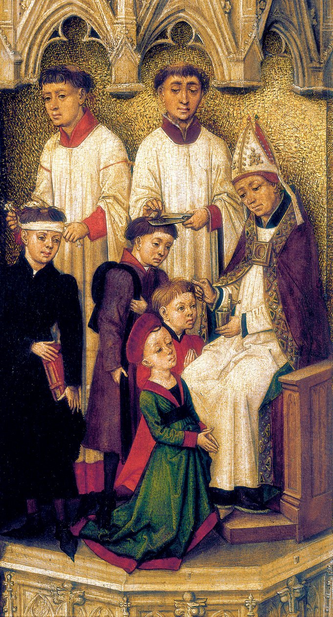 Forløsningens triptykon, detalje af buerne og våbenhuset, der overvinder det centrale panel, der beskriver konfirmationens sakramente af Vrancke van der Stockt