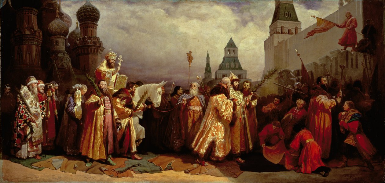 Palmesøndag i Moskva med zar Alexei Mikhailovich (1629-76) i en patriarkalsk procession, 1865 af Vyacheslav Grigorievich Shvarts