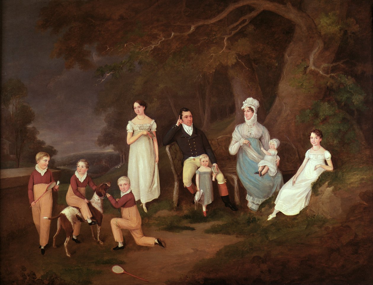 Gruppeportræt af en godsejer, hans kone og børn på kanten af den nye skov, 1817 af W. Allison