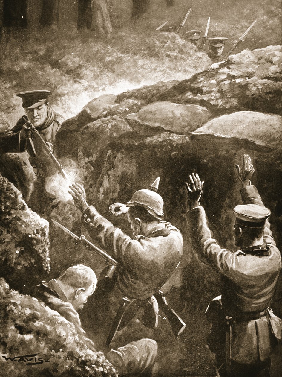 Sergent Coxon skyder to af tre tyskere, der havde angrebet ham under et angreb på deres skyttegrave af W. Avis