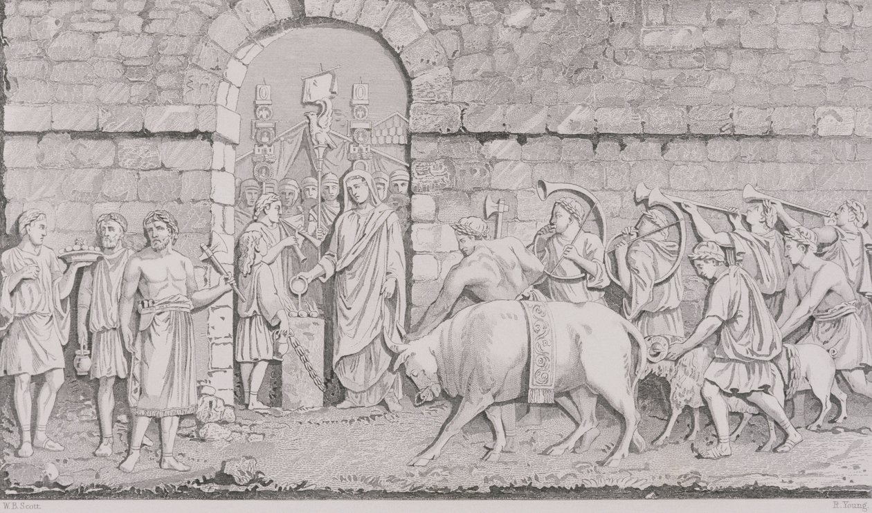 The Great Sacrifice of the Romans on Undertaking a War, indgraveret af R. Young, fra 
