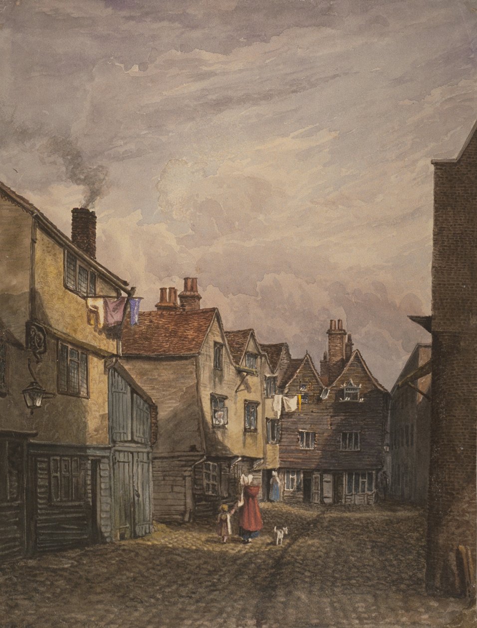 Udsigt af en kvinde og et barn, der går ned af Crown Court, Bermondsey, ca. 1825 af W. Barker