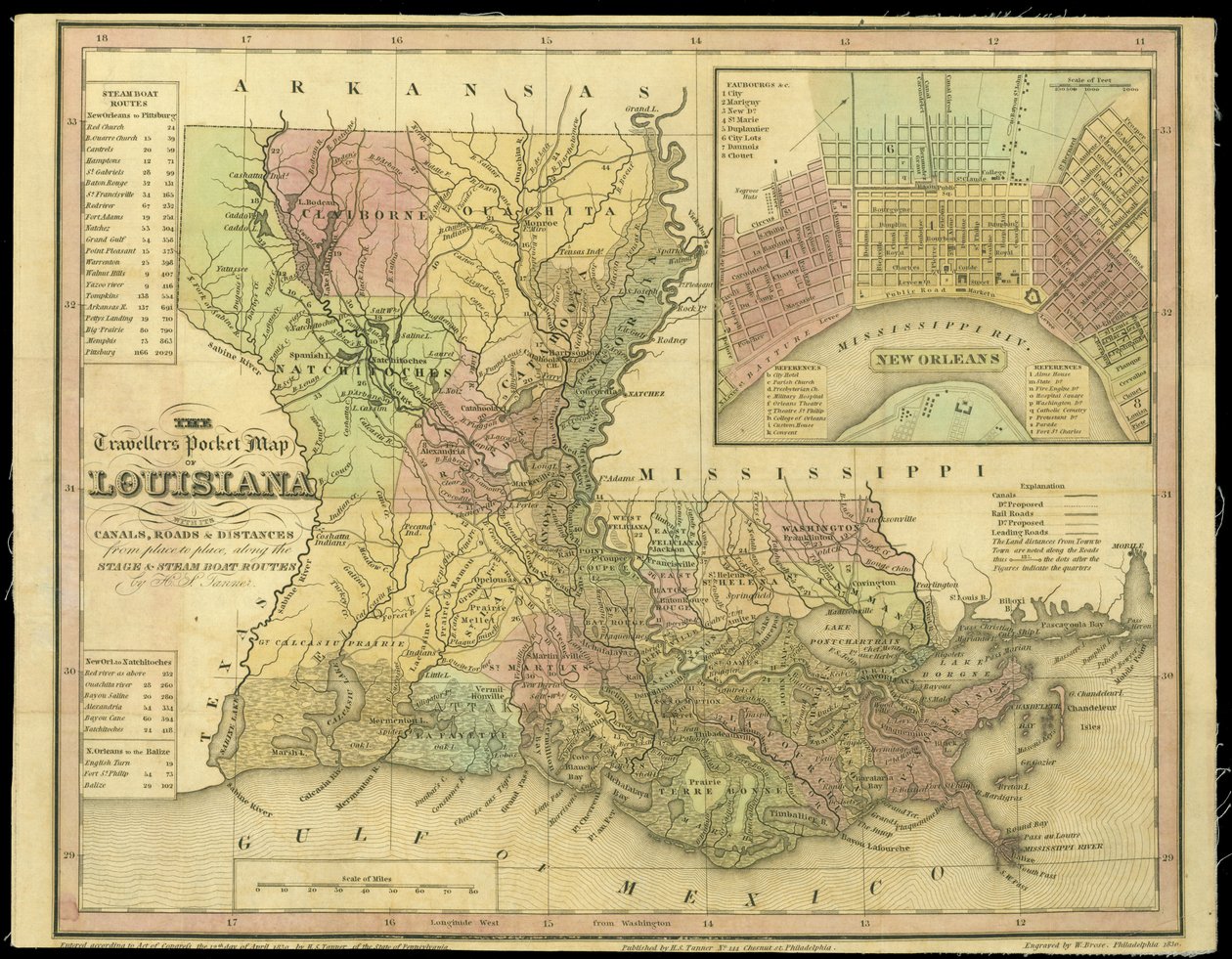 The Travellers Pocket Map of Louisiana, udgivet i 1830 af W. Brose