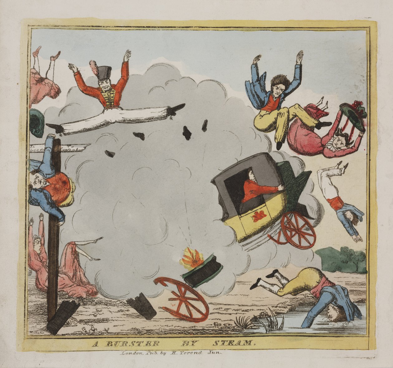 A Burster by Steam, ca. 1835 (farvet radering) af W. Chater