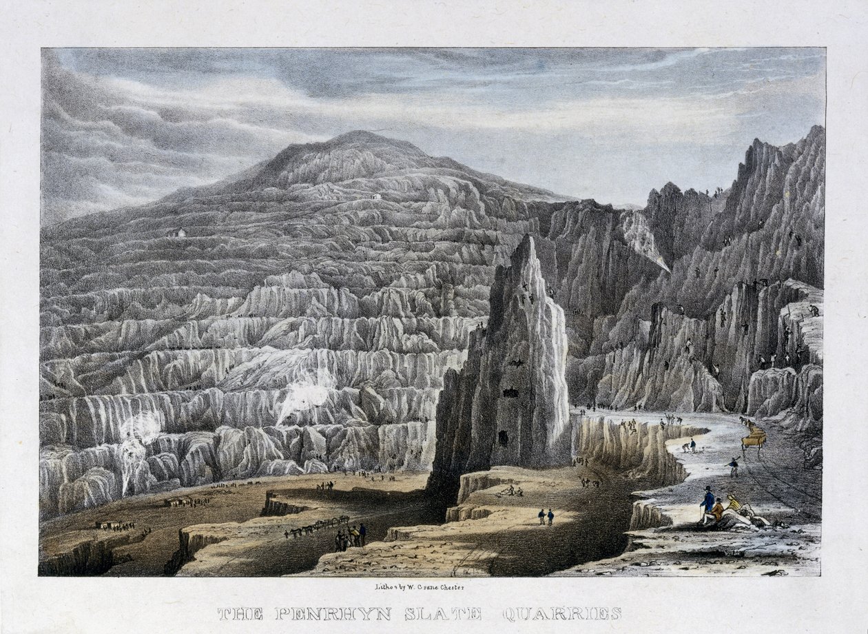The Penrhyn Slate Quarries, 1842 (håndfarvet litho) af Walter Crane