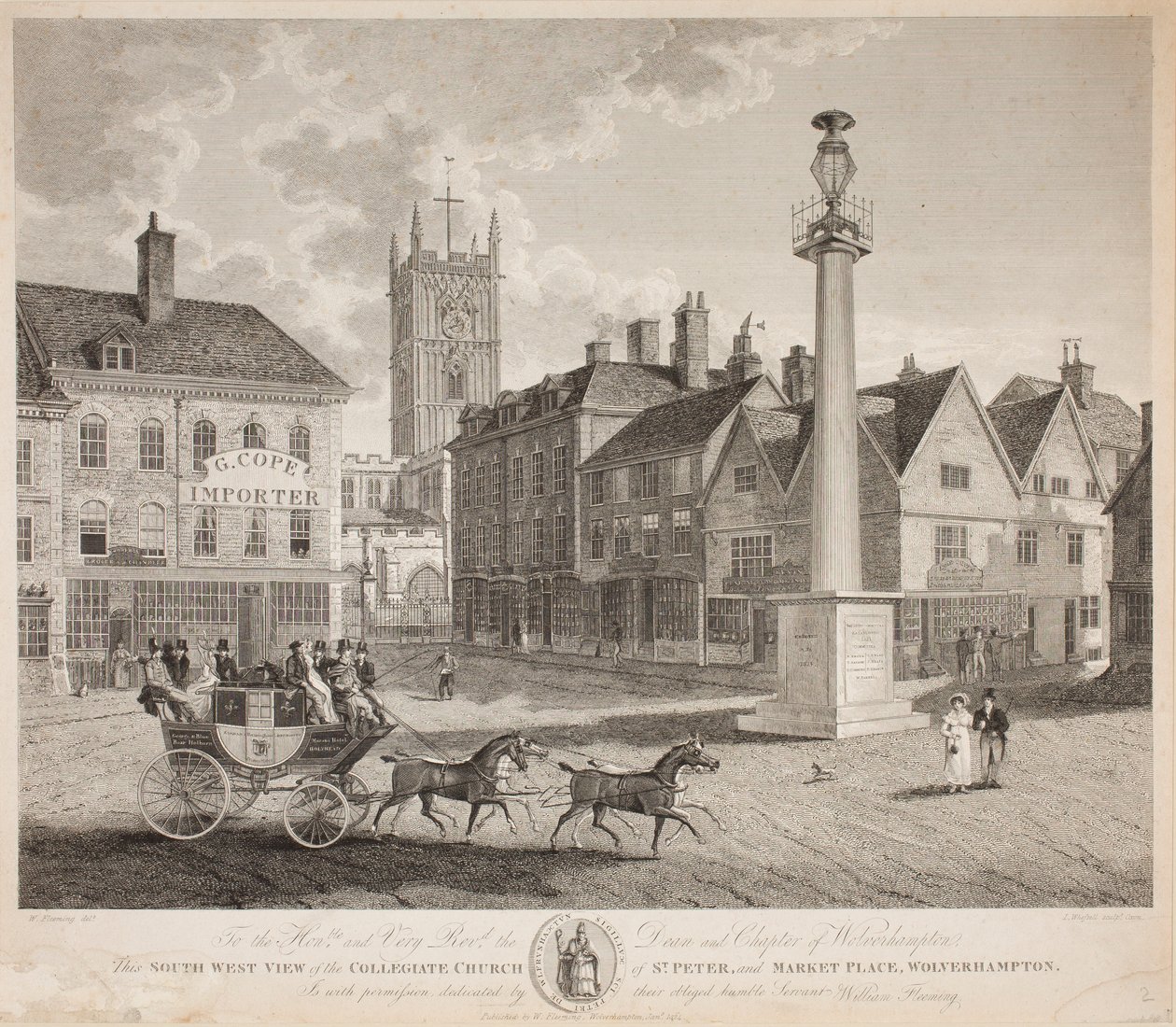 Den sydvestlige udsigt over Collegiate Church of St. Peter og Marketplace, Wolverhampton, 1824 af W. Fleeming