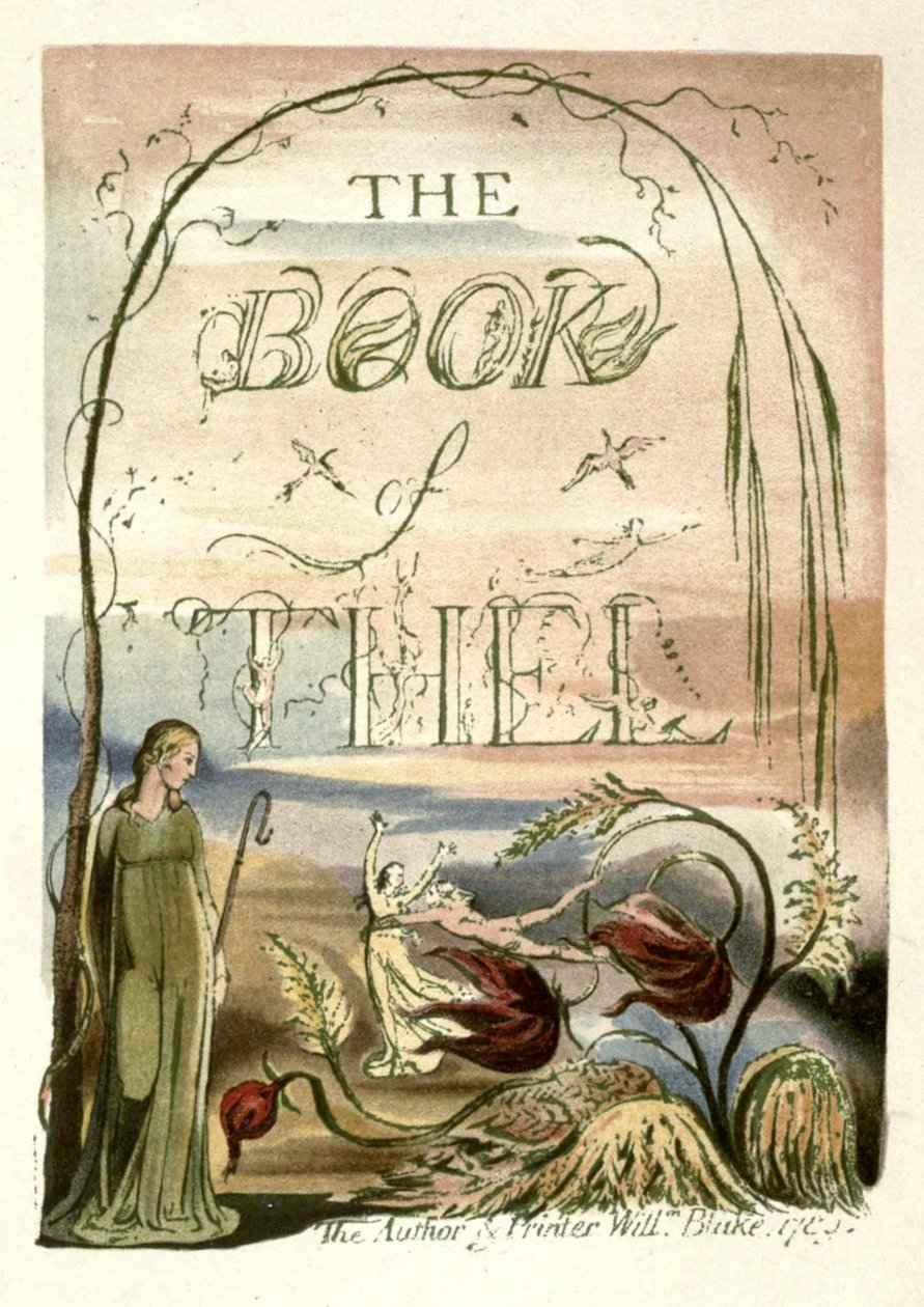 En illustrationer udvundet fra side 33 mod William Blake, maler og digter af Richard Garnett Forlag: London, Seeley. Værket er identificeret som The Book of Thel, titelblad. I faksimile af W. Griggs. Dette tryk ligner mest siden fr af W. Griggs after William Blake