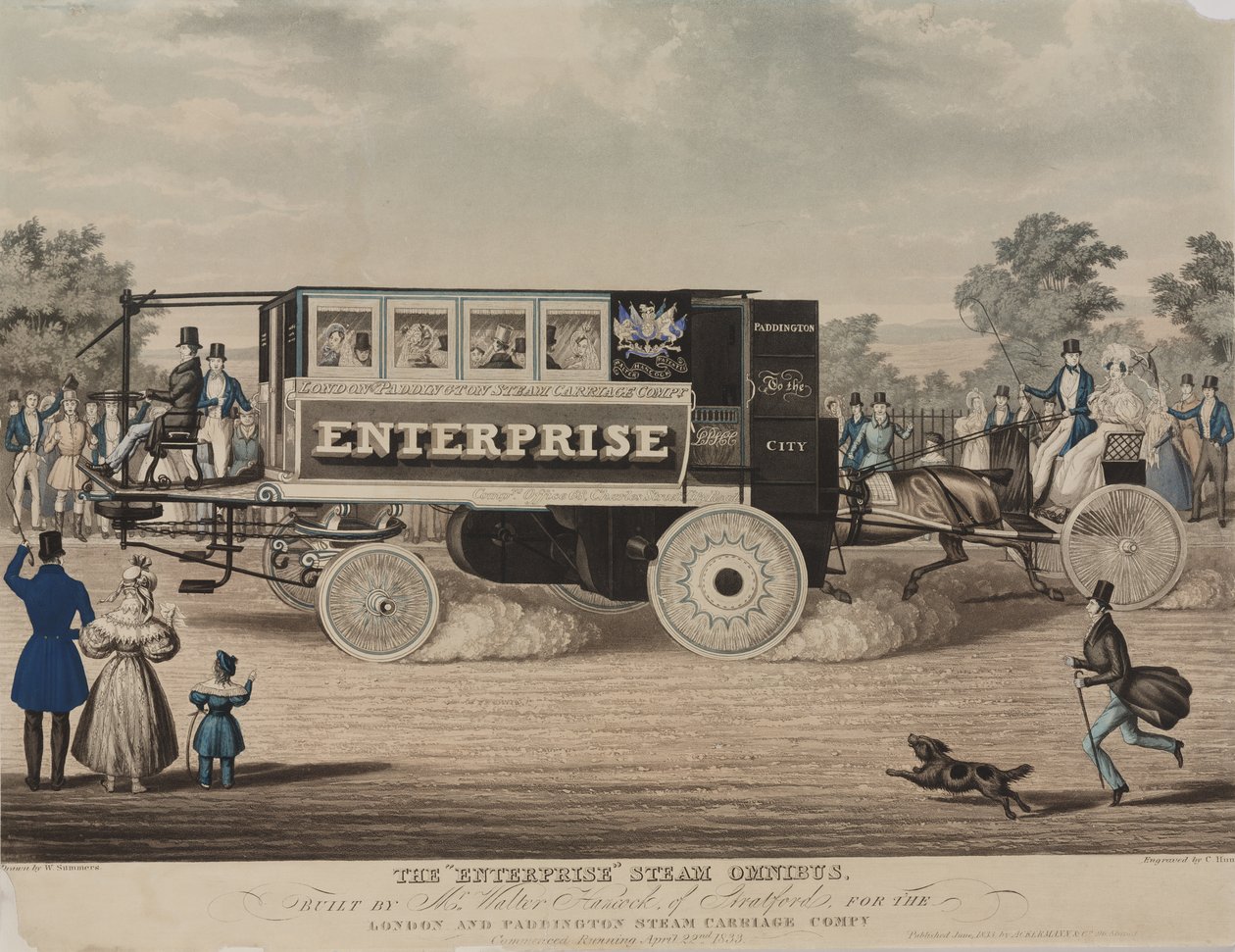 Enterprise Steam Omnibus, bygget af Mr. Walter Hancock fra Stratford, for London and Paddington Steam Carriage Company, indgraveret af C. Hunt, 1833 af W. Summers
