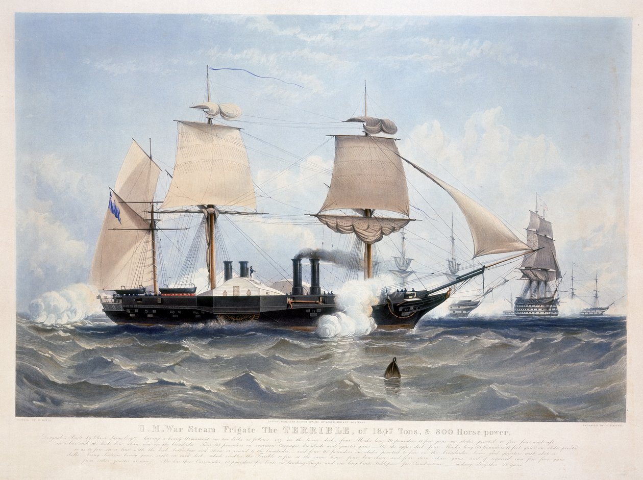 HMS Terrible, indgraveret af Henry Papprill (fl.1846-48) 1845 (akvatint) af W. after Knell