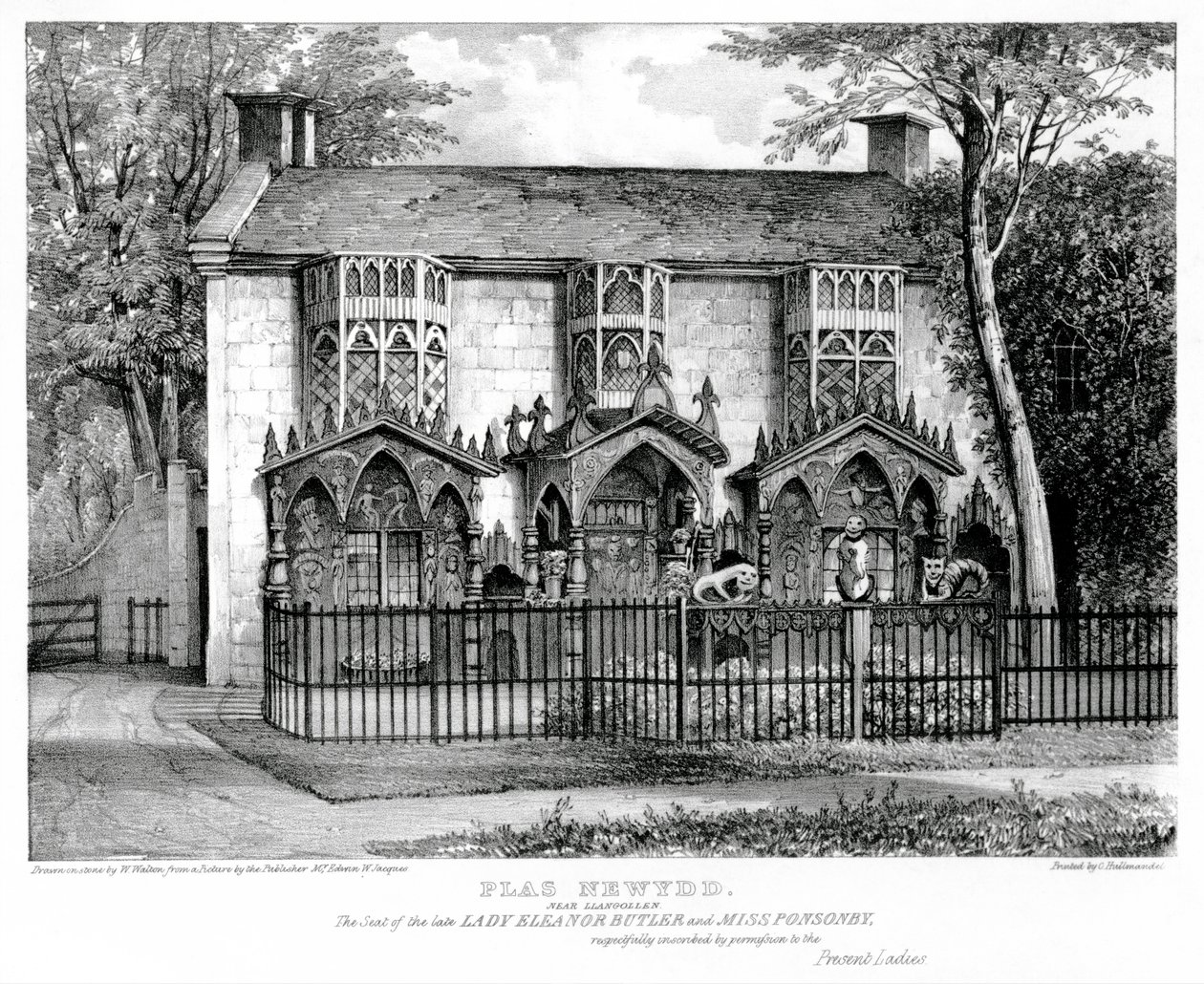Plas Newydd, nær Llangollen, sæde for den afdøde dame Eleanor Butler (ca. 1745-1829) og frøken Sarah Ponsonby (d. 1831), trykt af Charles Joseph Hullmandel (1789-1850) af W. after Walton