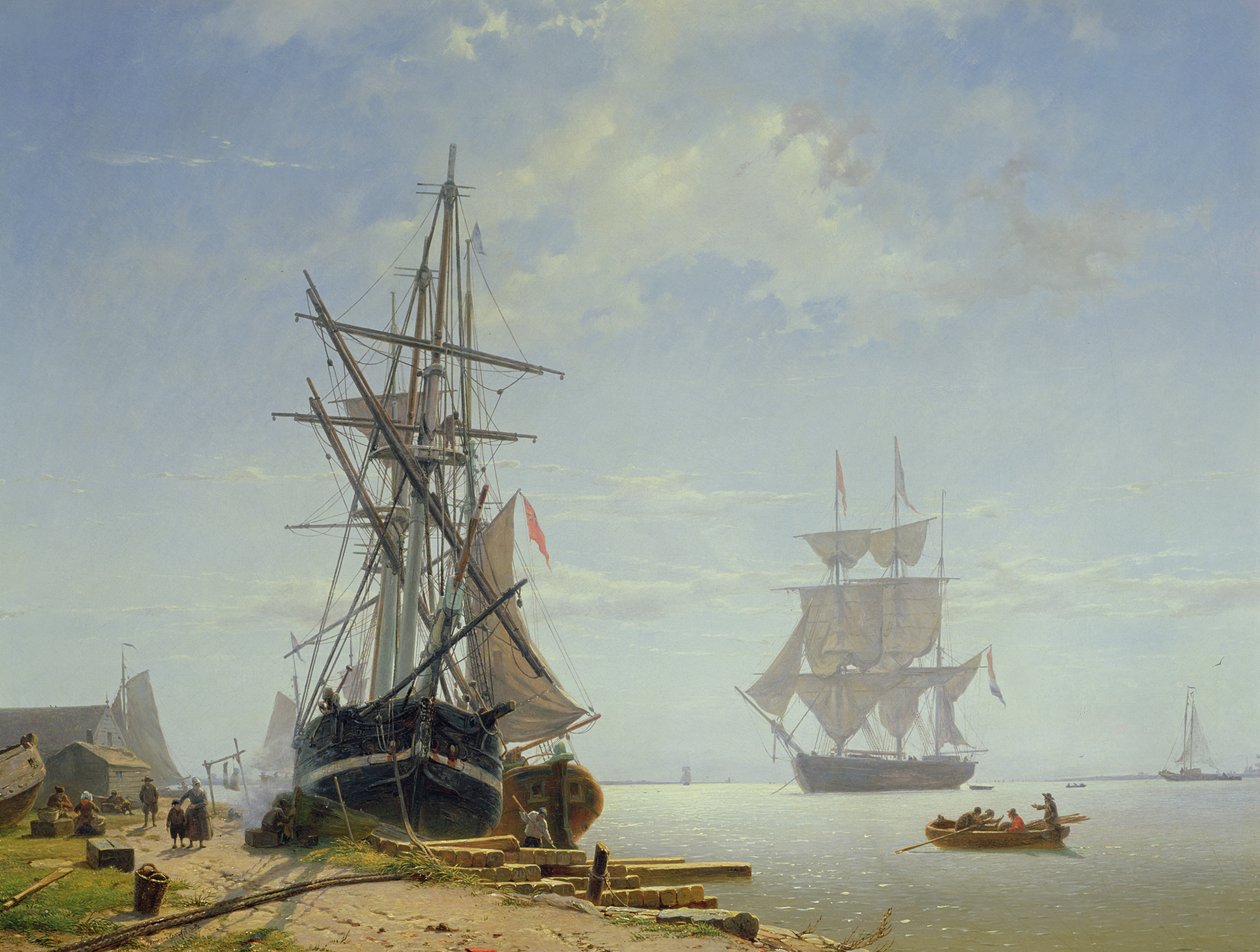 Skibe i en hollandsk flodmunding, 1800-tallet af W.A. van Deventer