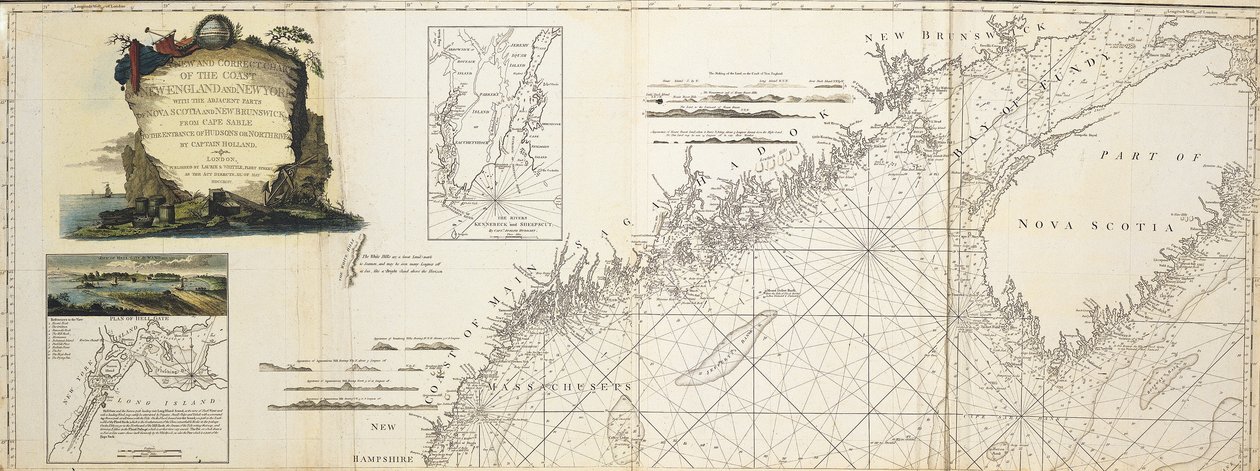 Et nyt og korrekt kort over New Englands og New Yorks kyst med de tilstødende dele af Nova Scotia og New Brunswick fra Cape Sable til indsejlingen til Hudsons eller North River af kaptajn Holland; Udsigt over Hell Gate af W. A. Williams 1777 (indsat); Plan af W.A. Williams