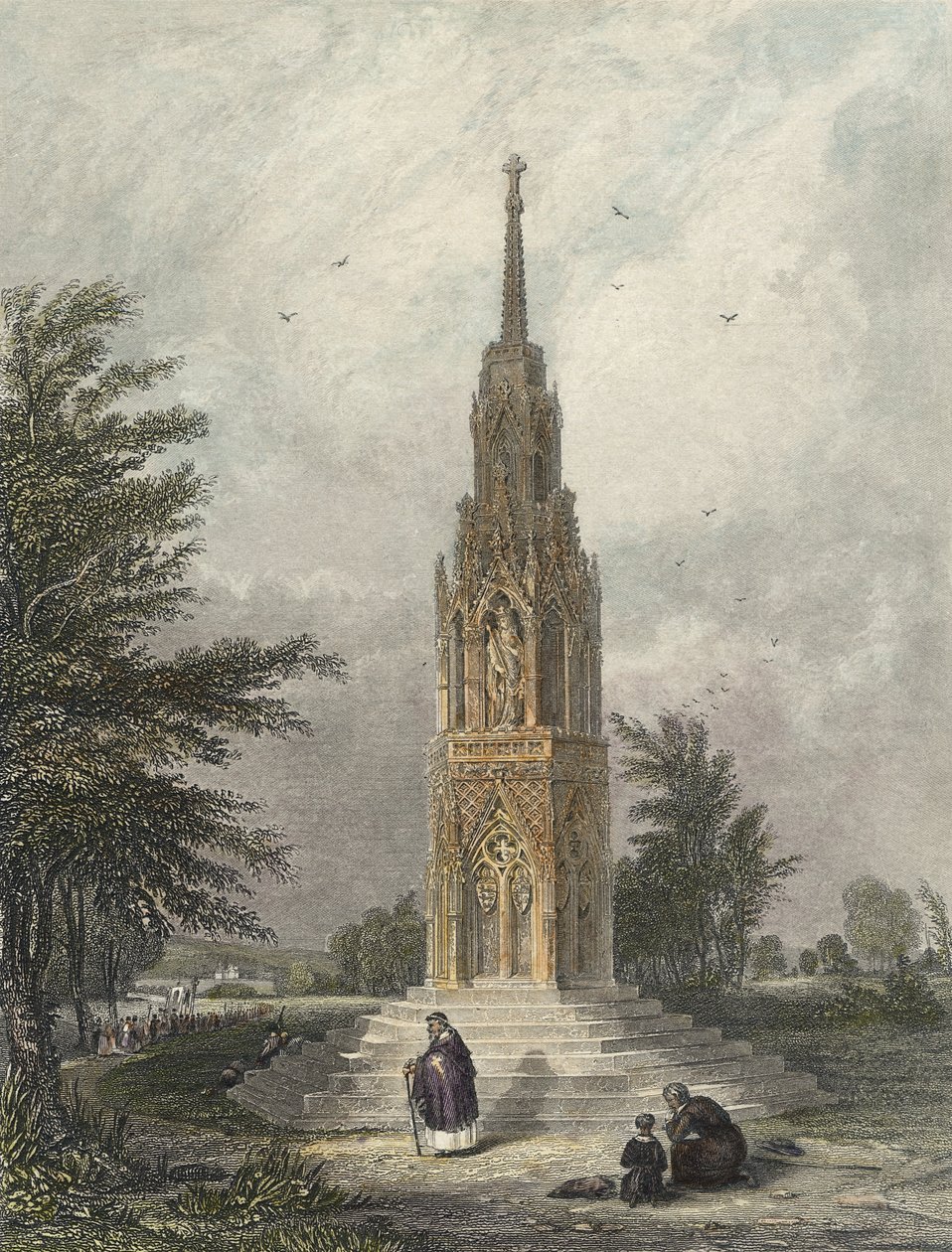 Waltham Cross, ca. 1820 (håndfarvet gravering) af W.B Clarke