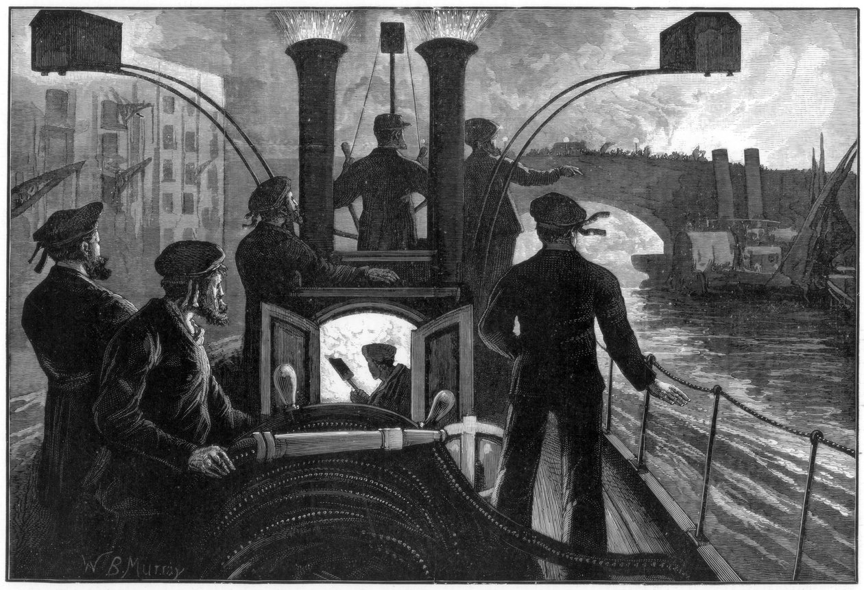 Dampbrandmaskine går til en brand ved floden, Londons brandvæsen, 1890. af WB Murray