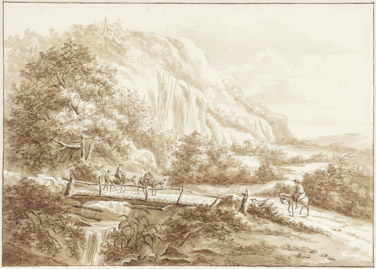 Bjerglandskab med rejsende på æsler, der krydser en træbro af W.C.E. Roelofs