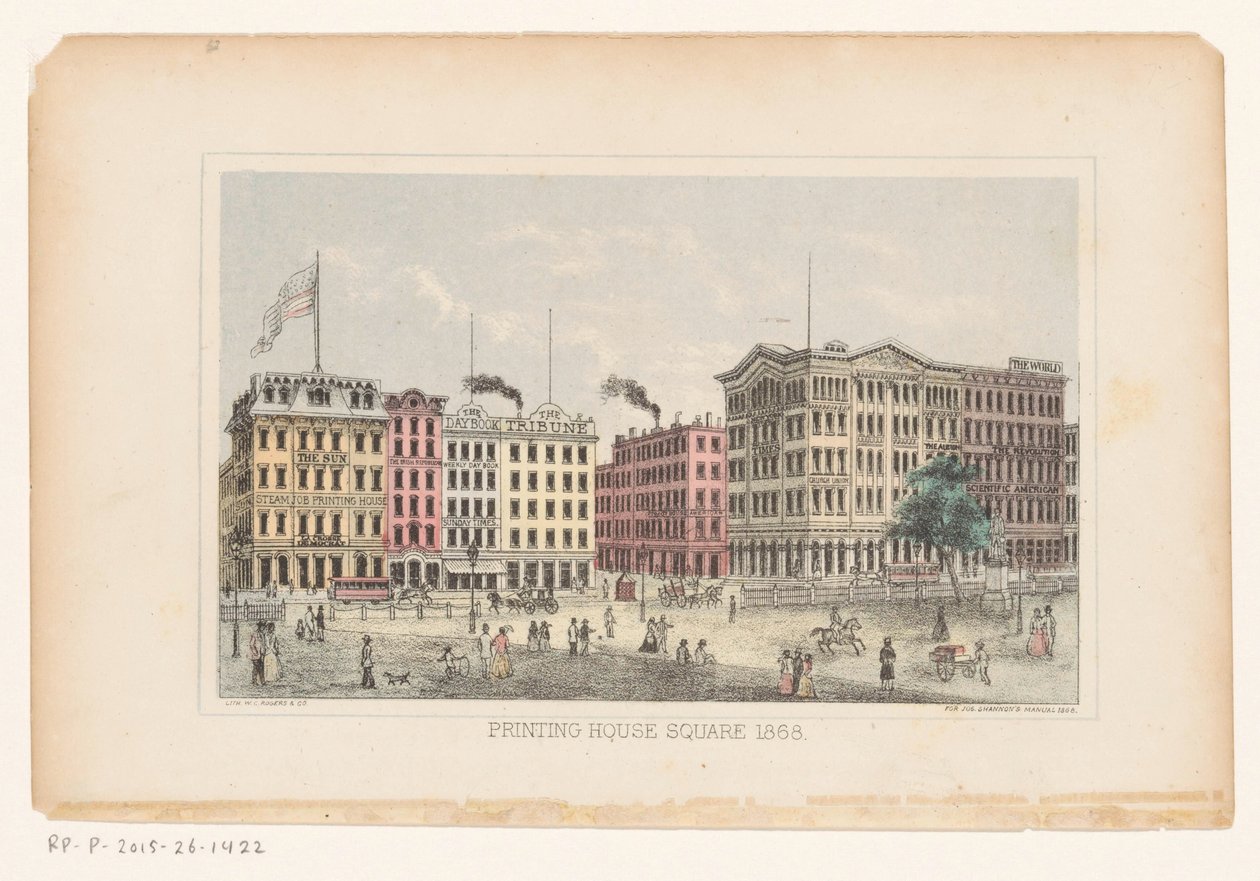 Park Row, Manhattan Trykkeriets plads 1868 (titel på objekt) af W.C. Rogers and Co.