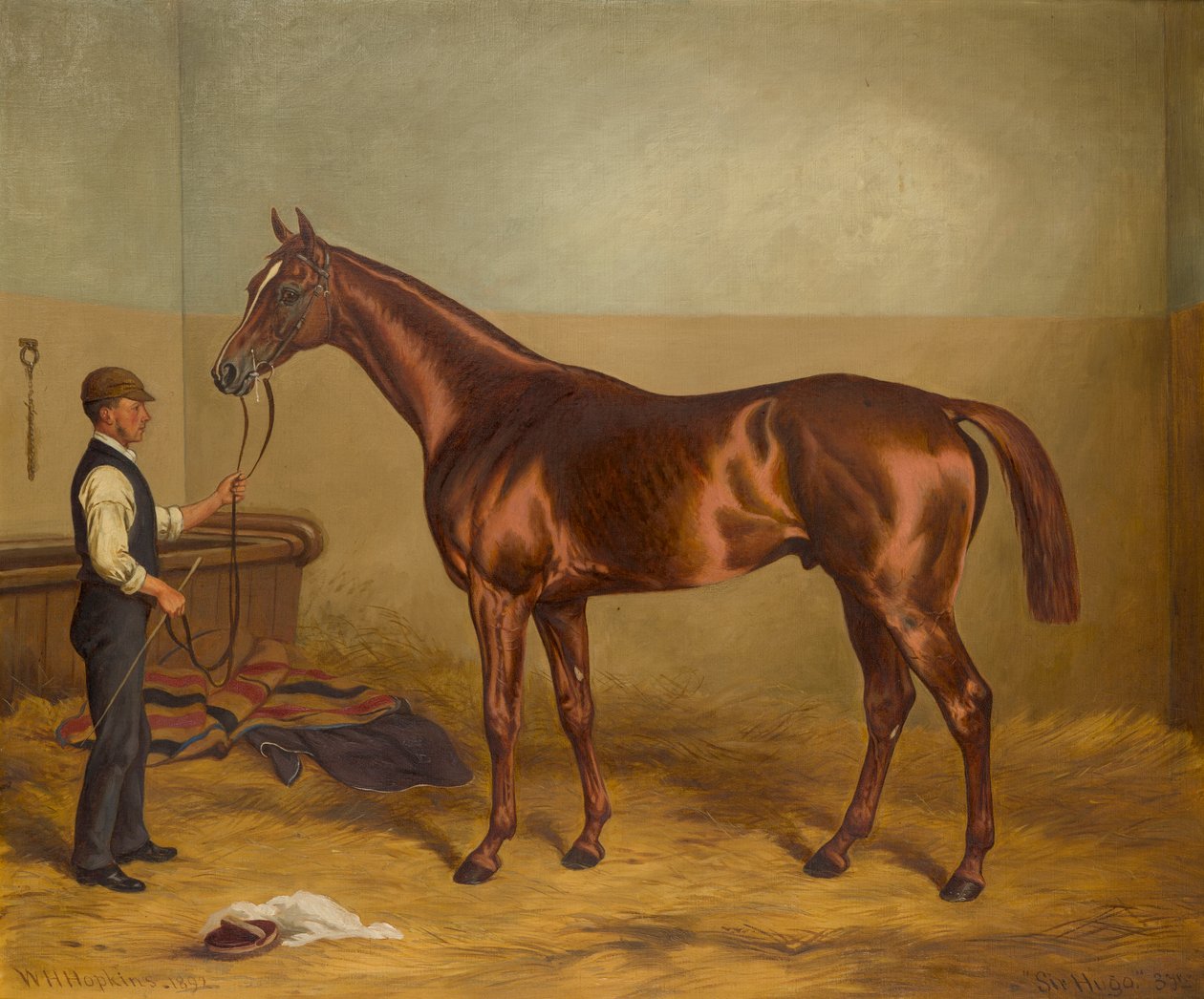 Sir Hugo som tre-årig holdt af Groom in a Stable, ca. 1875-92 (olie på lærred) af W.H. Hopkins