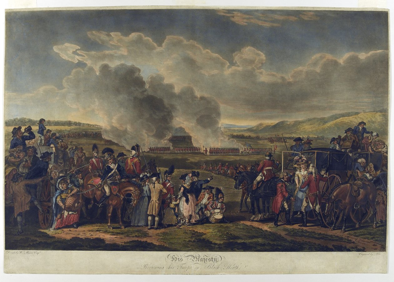 His Majesty Review Troops on Blackheath, 1787, ætset af R. Pollard, trykt 1797 (ætset akvatint) af W.H. Mason