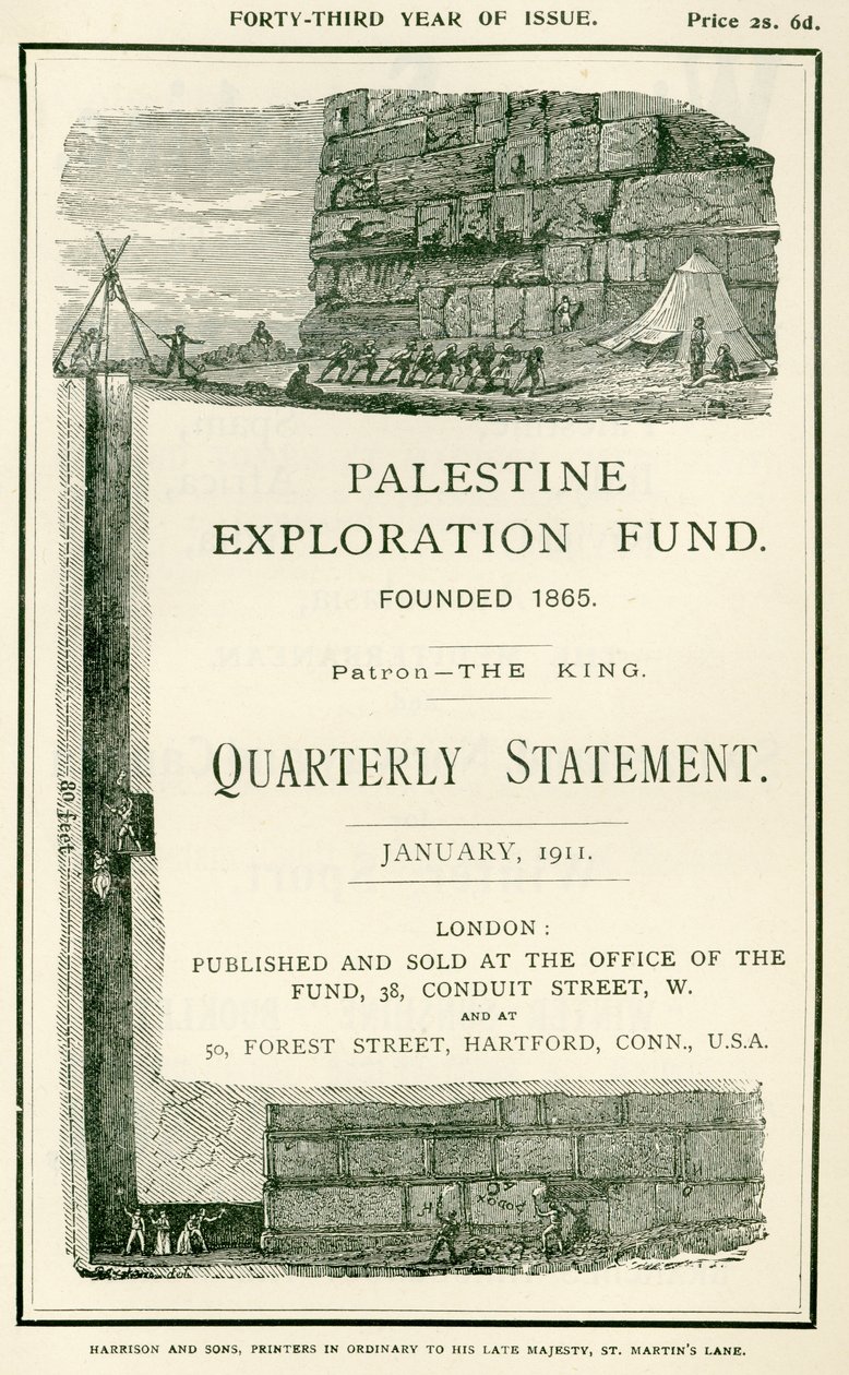Frontispice skildrer de udforskninger, der blev foretaget af løjtnant Charles Warren og hans mænd, nær den sydlige mur af Haram al Sharif, Jerusalem, fra den kvartalsvise erklæring fra Palestine Exp. af W.H. Simpson