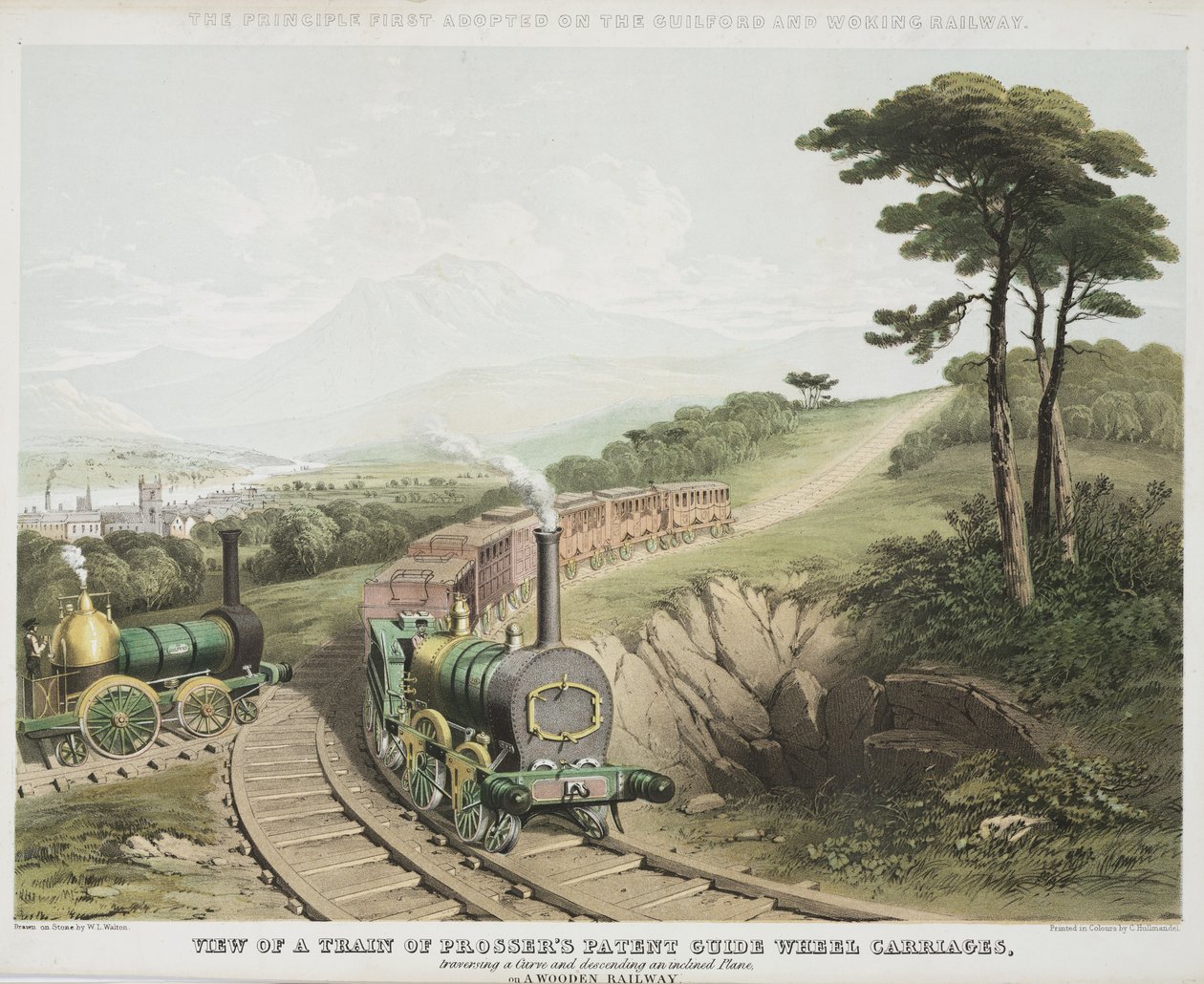 Udsigt over et tog af Prossers Patent Guide Wheel Carriages, c.1845 af W.L. Walton